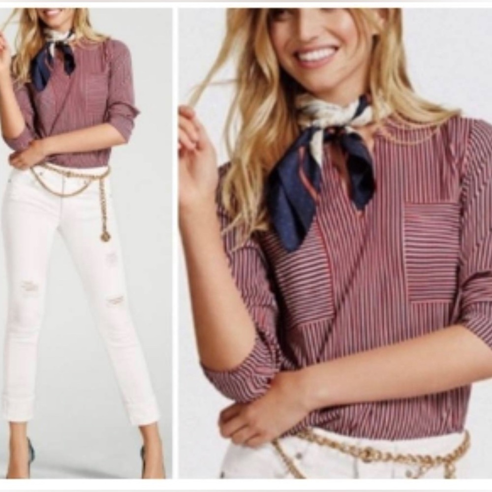 CAbi 5335 Franklin Striped Long Sleeve Spilt V Neck Blouse